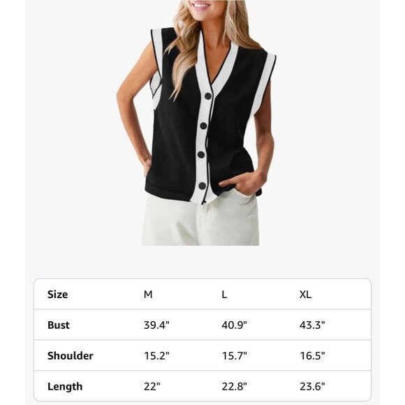 Merokeety Womens V Neck Sweater Vest Button Down Cap Sleeve Black & Beige Large - Picture 6 of 6